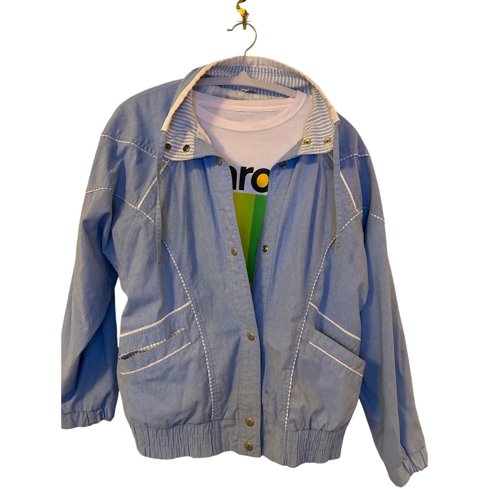 Vintage New York Girl Blue Bomber Jacket White Piping Striped Trim Small